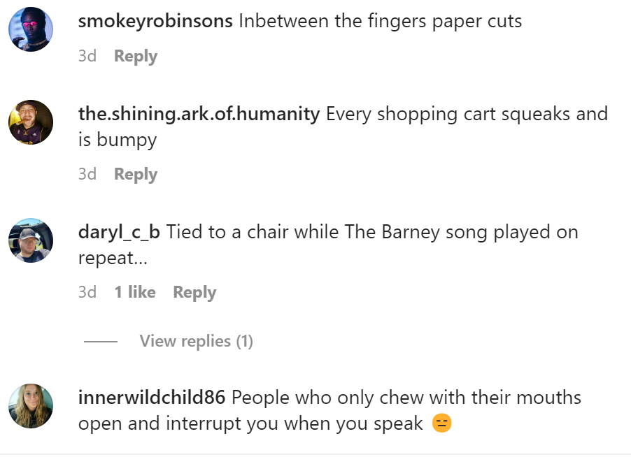 tell us tuesday - angle - smokeyrobinsons Inbetween the fingers paper cuts 3d the.shining.ark.of.humanity Every shopping cart squeaks and is bumpy 3d daryl_c_b Tied to a chair while The Barney song played on repeat... 3d 1 View replies 1 innerwildchild86 