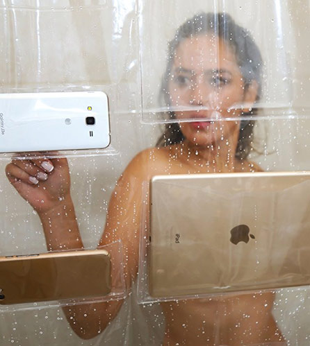 Who doesn't need to check their facebook and swipe on tinder while showering?  With the Multi-Pocketed Touch Screen Shower Curtain you can use your devices while keeping them safe from the water. $24.95 Get it <a href="https://amzn.to/2LhVR7h" target="_blank"><font color="red"><b>HERE</font></b></a>.