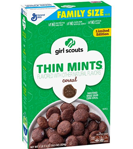 Wish you could stuff your face with a Girl Scout cookies in a more socially acceptable fashion?  Well wait no longer with the Girl Scout Thin Mints breakfast cereal. $9.99 Get it <a href="https://amzn.to/2IBQ4b8" target="_blank"><font color="red"><b>HERE</font></b></a>.