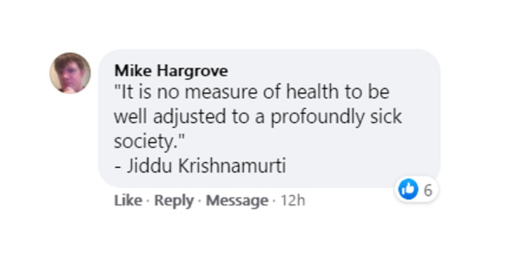 profound quotes - diagram - Mike Hargrove "It is no measure of health to be well adjusted to a profoundly sick society." Jiddu Krishnamurti 166 6 Message 12h