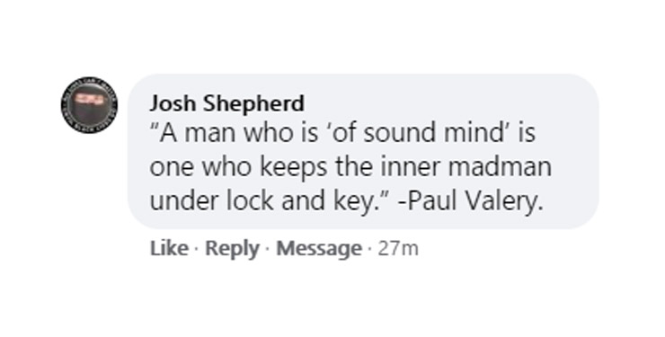 profound quotes - diagram - Josh Shepherd "A man who is 'of sound mind' is one who keeps the inner madman under lock and key." Paul Valery. Message 27m
