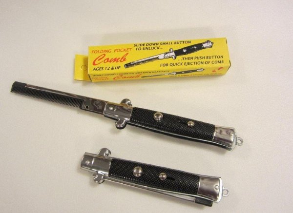 nostalgic pics - toy switchblade - Slide Down Small Button Folding Pocket To Unlock... Comb Ages 12 & Up Adult MOvere ...Then Push Button For Quick Ejection Of Comb C 9 Q