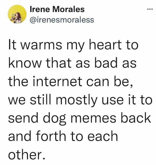 feel good friday wholesome memes - angle - Irene Morales ... It warms my heart to know that as bad as the internet can be, we still mostly use it to send dog memes back and forth to each other.