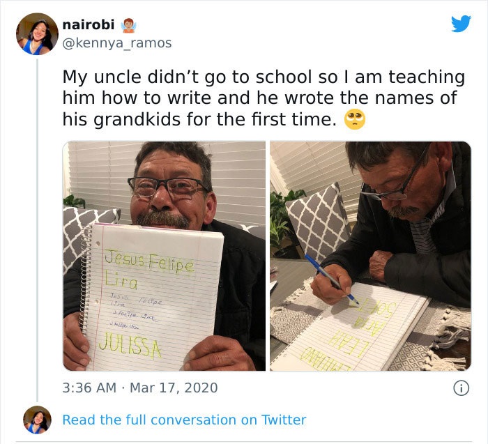 feel good friday wholesome memes - nairobi My uncle didn't go to school so I am teaching I him how to write and he wrote the names of his grandkids for the first time. Jesus Felipe Lira Ja545 Focipe Felipe Lind Pipe stra Julissa Read the full conversation