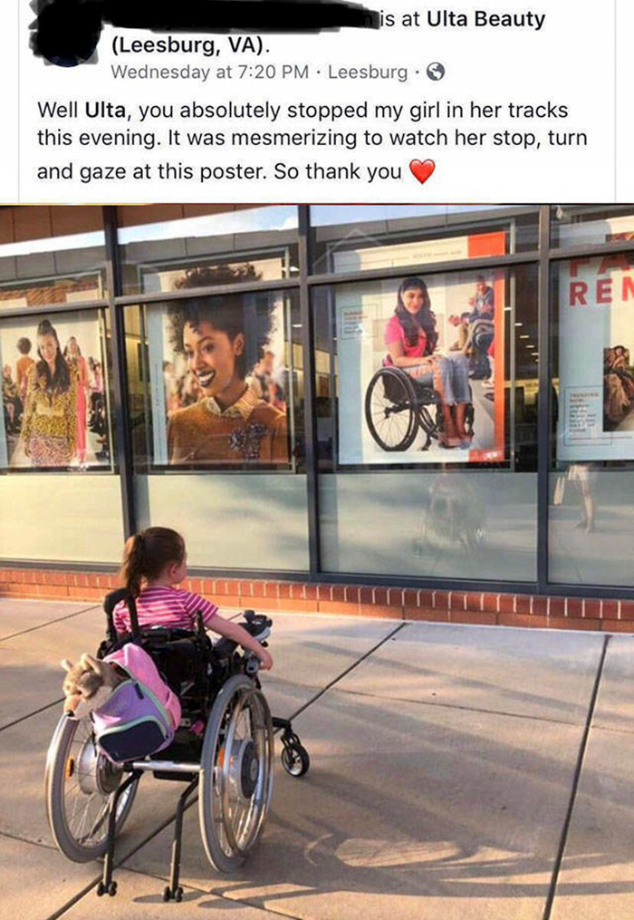 wholesome memes - ulta wheelchair ad - is at Ulta Beauty Mas Leesburg, Va. Wednesday at Leesburg. Well Ulta, you absolutely stopped my girl in her tracks this evening. It was mesmerizing to watch her stop, turn and gaze at this poster. So thank you Ren