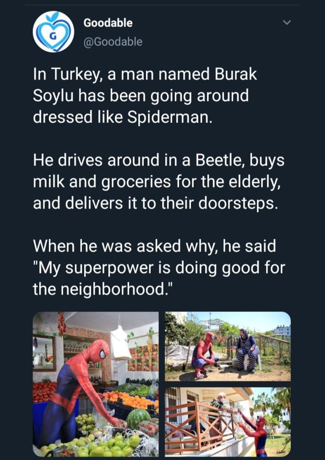 wholesome memes - great ability comes great accountability - Goodable In Turkey, a man named Burak Soylu has been going around dressed Spiderman. He drives around in a Beetle, buys milk and groceries for the elderly, and delivers it to their doorsteps. Wh