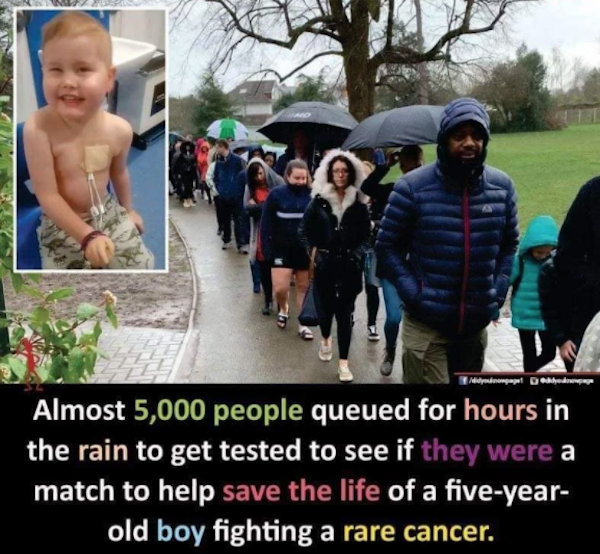 feel good friday wholesome memes and pics - worcester cancer boy - Almost 5,000 people queued for hours in the rain to get tested to see if they were a match to help save the life of a fiveyear old boy fighting a rare cancer.