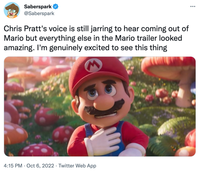 super mario bros memes - super mario bros movie mario - Saberspark Chris Pratt's voice is still jarring to hear coming out of Mario but everything else in the Mario trailer looked amazing. I'm genuinely excited to see this thing Twitter Web App