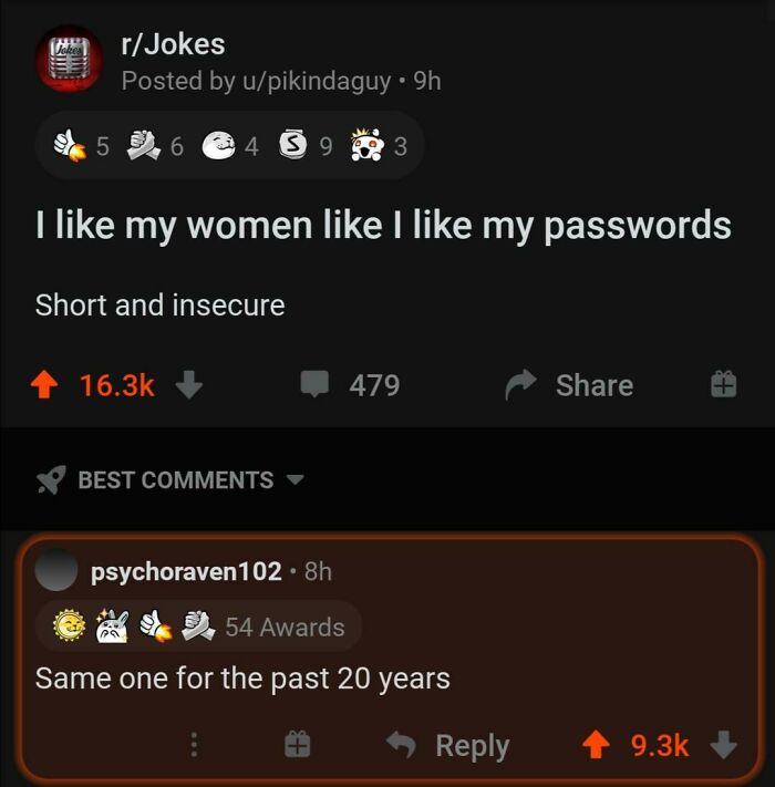 wholesome pics - screenshot - rJokes Posted by upikindaguy 9h 4 5 9 3 I my women I my passwords 5 Short and insecure Best psychoraven 102.8h 479 54 Awards Same one for the past 20 years Tp T