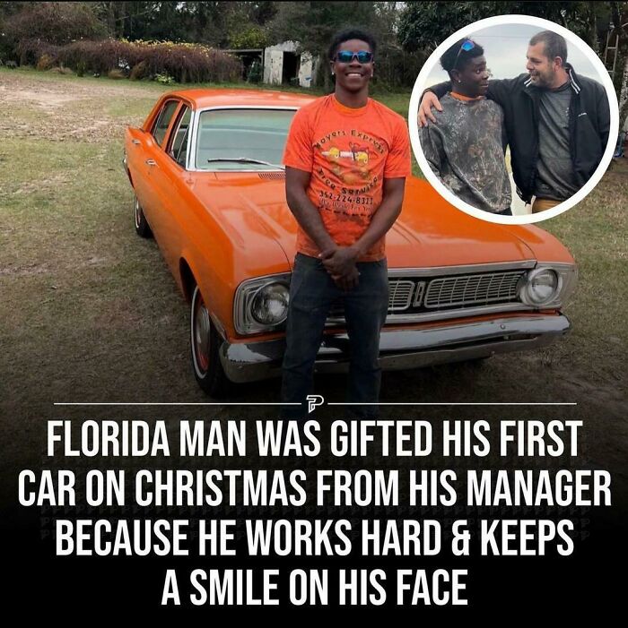 wholesome pics - photo caption - overs Expres Servi 3522248311 Male For Yo P Florida Man Was Gifted His First Car On Christmas From His Manager Because He Works Hard & Keeps A Smile On His Face