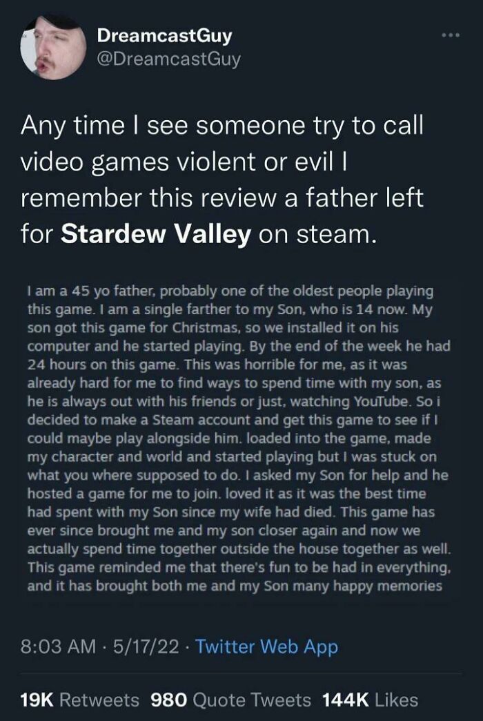 wholesome pics - screenshot - DreamcastGuy Any time I see someone try to call video games violent or evil I remember this review a father left for Stardew Valley on steam. I am a 45 yo father, probably one of the oldest people playing this game. I am a si