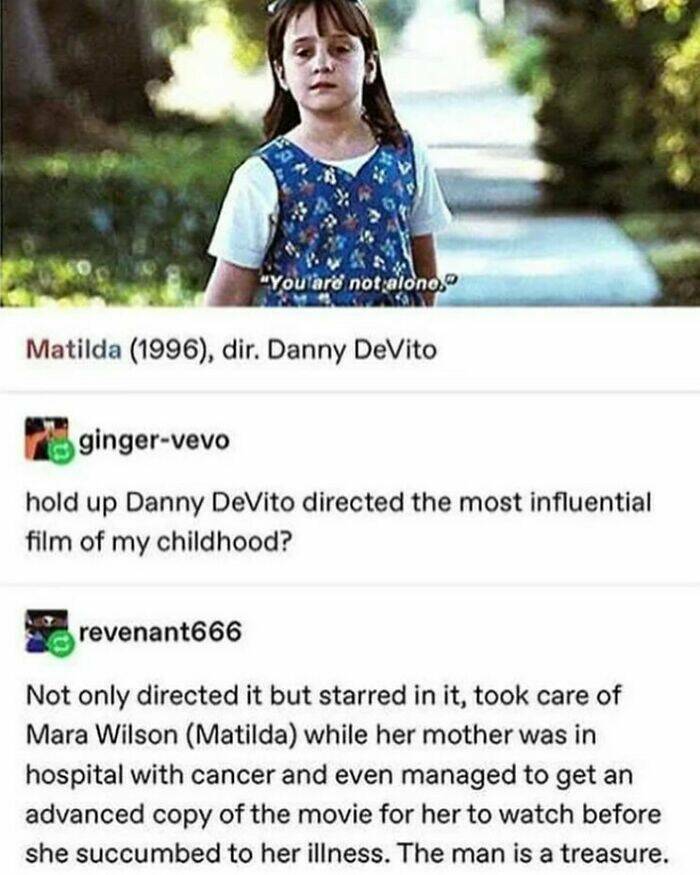 wholesome pics - danny devito matilda story - "You are not alone, Matilda 1996, dir. Danny DeVito gingervevo hold up Danny DeVito directed the most influential film of my childhood? revenant666 Not only directed it but starred in it, took care of Mara Wil