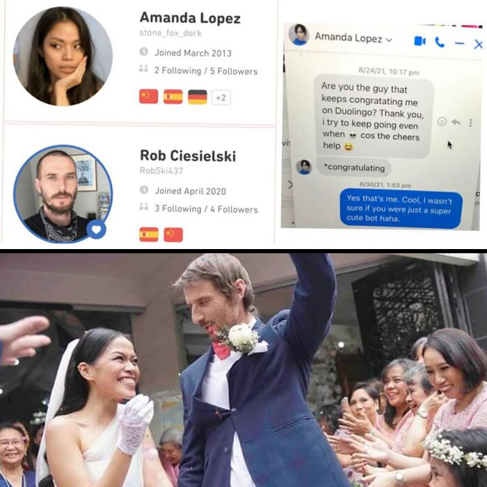 wholesome pics - media - 17.3 Amanda Lopez stone_fox_dork Joined 2 ing 5 ers 2 Rob Ciesielski RobSki437 Joined 3 ing 4 ers Amanda Lopez 82421, Are you the guy that keeps congratating me on Duolingo? Thank you, i try to keep going even when cos the cheers 