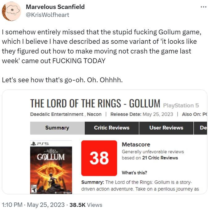 The Lord of the Rings: Gollum - Marvelous Scanfield I somehow entirely missed that the stupid fucking Gollum game, which I believe I have described as some variant of 'it looks they figured out how to make moving not crash the game last week' came out Fuc