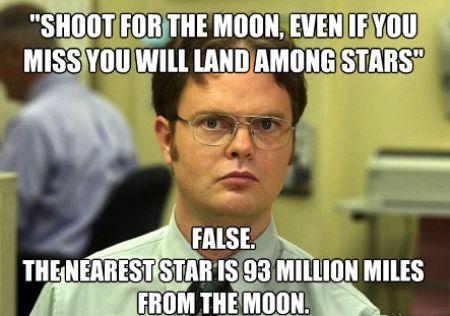 valentines meme - "Shoot For The Moon, Even If You Miss You Will Land Among Stars" False, The Nearest Star Is 93 Million Miles From The Moon.