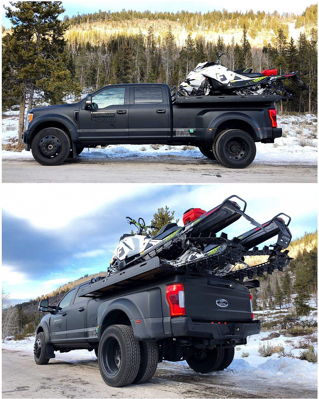 Hoonigan Racing snowmobile atop a Ford F-450