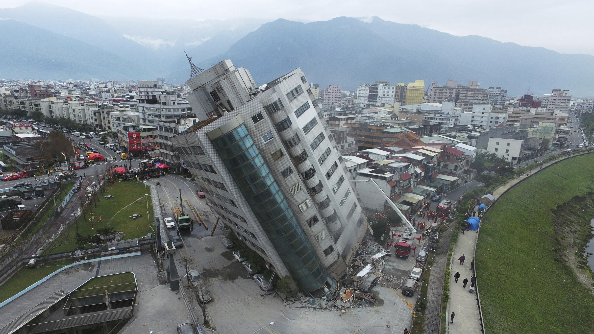 Imagine being on the top floor when your building tips, but doesn't fall.  Feb 2018 earthquake in Hualien, Taiwan (AP Photo)