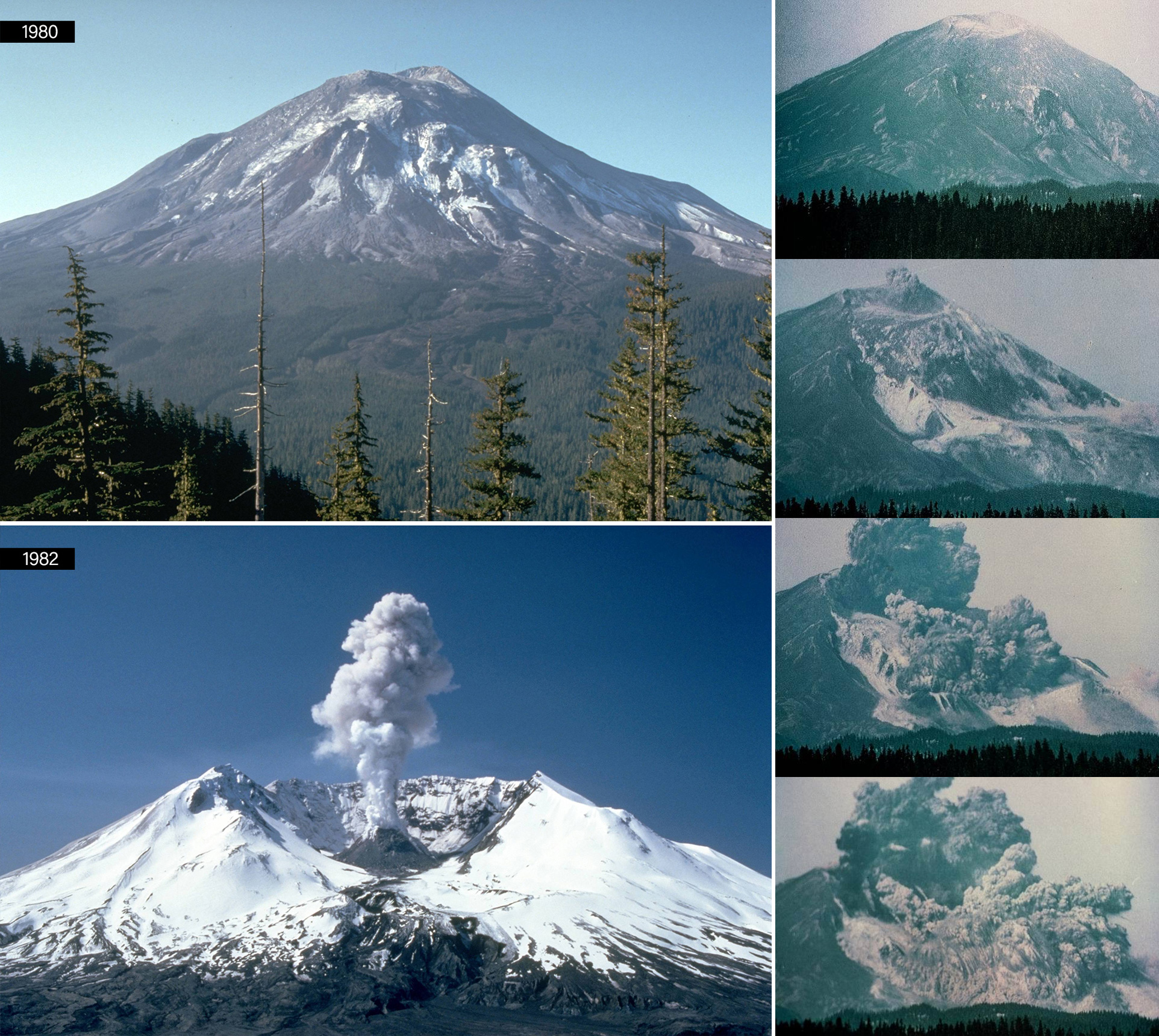 Mount St. Helens before and after the 1980 eruption. Amateur photographer Gary Rosenquist captured the eruption sequence.