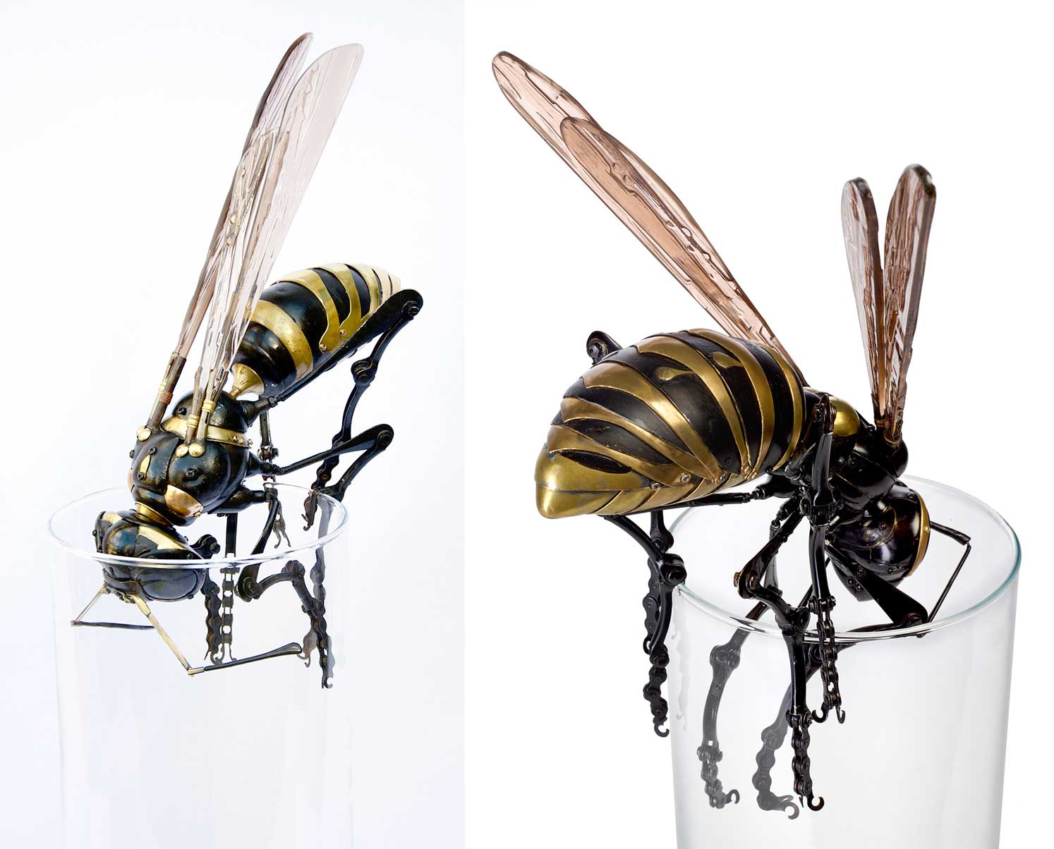 "Wasp" 2013, Edouard Martinent. Abdomen: steel tips for boots, bike headlights. Thorax and head: steel tips and bells from bikes and typewriters. Eyes: vintage watch case. Antennae: spectacles arms. Legs: bike brakes, bike chain, spoon handles. Wings: glass.