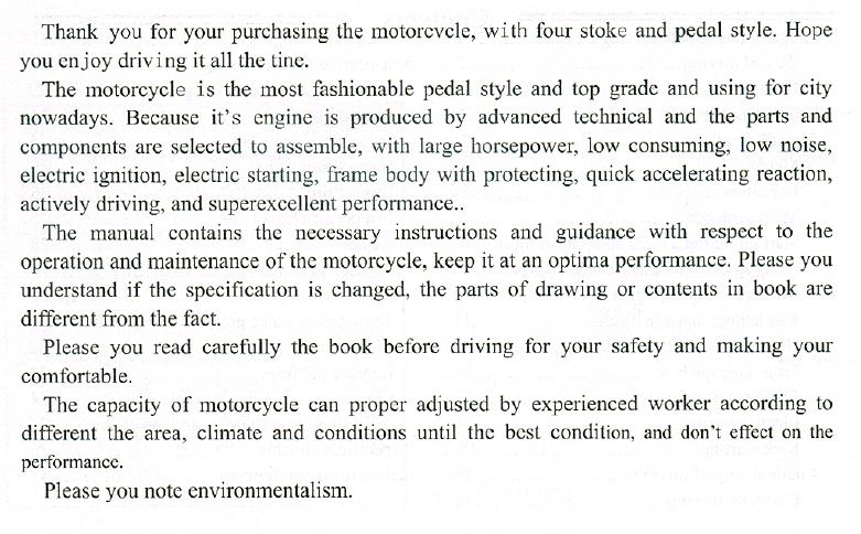 This is the first page of a handbook for a small motorcycle I bought for my son. Having great engrish skills with for you to read with. 