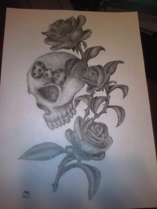The design itself isn't all mine, though I don't know who to give credit to. She came to me to personalize it. I revamped the skull and made it girly and less creepy, and the shading is all my original work.