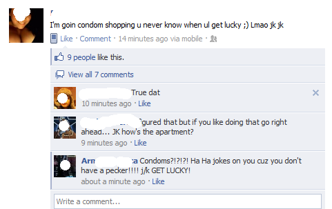 facebook chick wants to buy condoms but i reply that she doesn't have a pecker