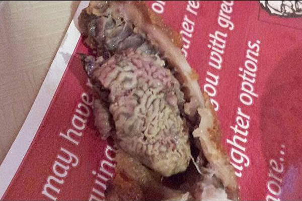 STUDENT FINDS CHICKEN BRAIN INSIDE HIS MEAL AT KFC

http://www.pakalertpress.com/2013/01/08/student-finds-brain-in-kfc-meal/