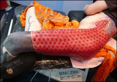 Scarification;
With this procedure, The recipient has large sections of skin in a specific pattern removed. After healing, the scar tissue gives the art depth and texture.