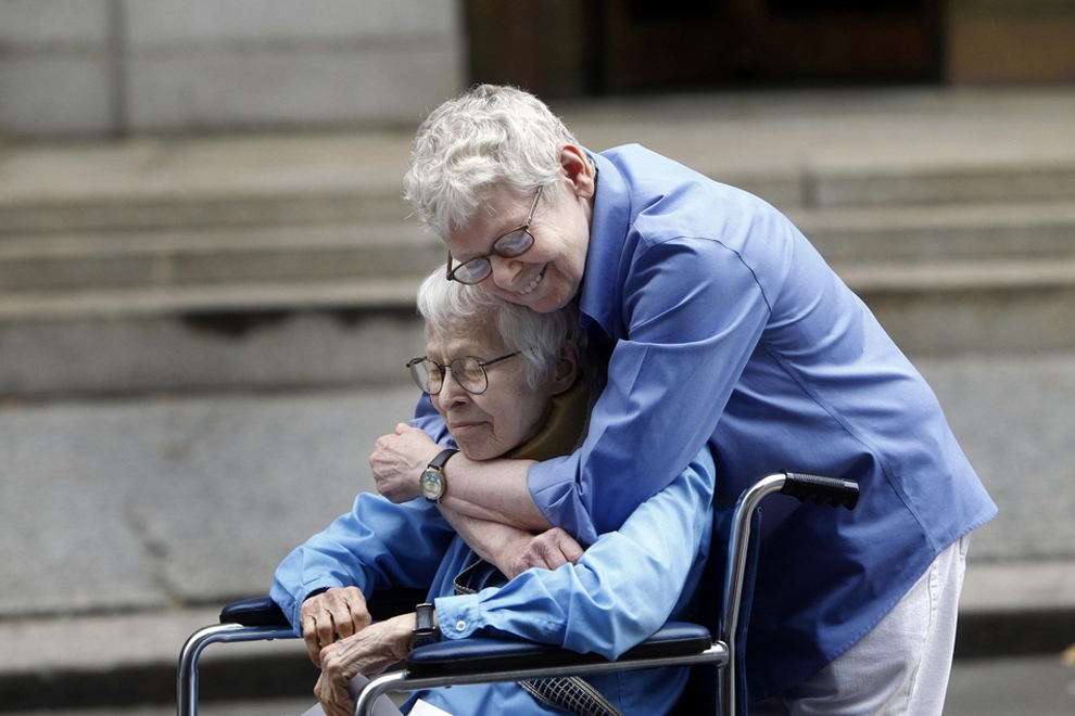Phyllis Siegel, 76, left, and Connie Kopelov, 84, both of New York, embrace after becoming the first same-sex couple to get married at the Manhattan City Clerk’s office in 2011.