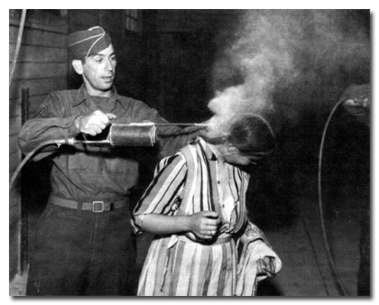 DDT Delousing;
Clouds of bug poison was used to kill the lice in the hair. Lice carry diseases, and in World War II, lice were especially common among POWs and concentration camp survivors.