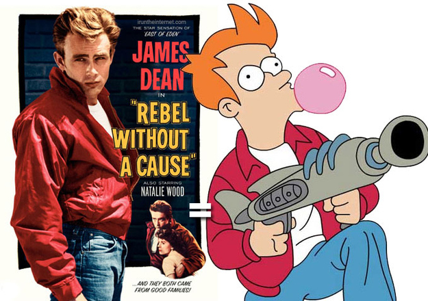Fry’s outfit is modeled after James Dean’s famous red jacket from Rebel Without A Cause.