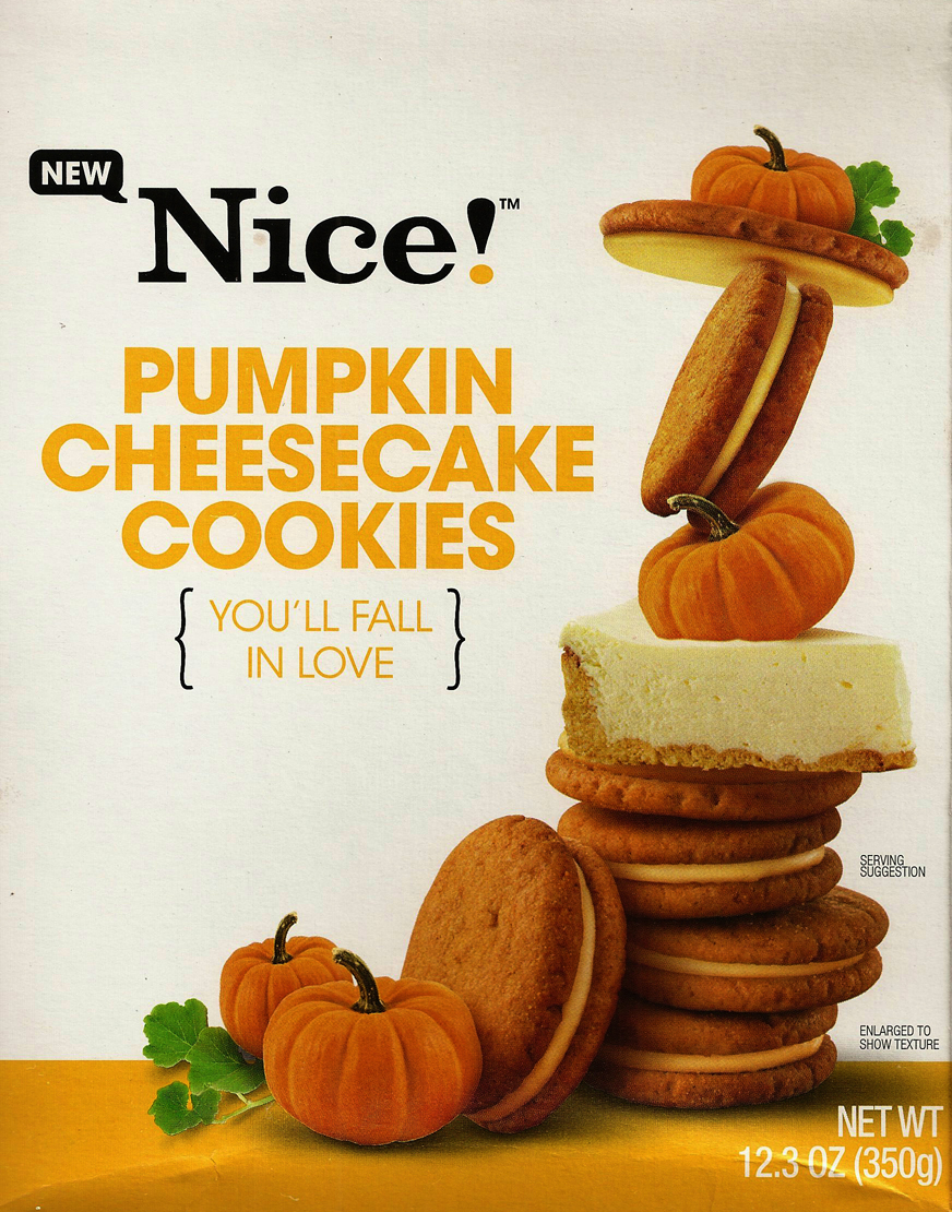 I bought these "Nice Cookies" at Walgreens.  Look at the picture closely -- then notice that it says "serving suggestion."  Seriously.  I have tried and tried to balance my cheesecake, pumpkin and cooky but it just doesn't work!  This is a scan of the actual box.