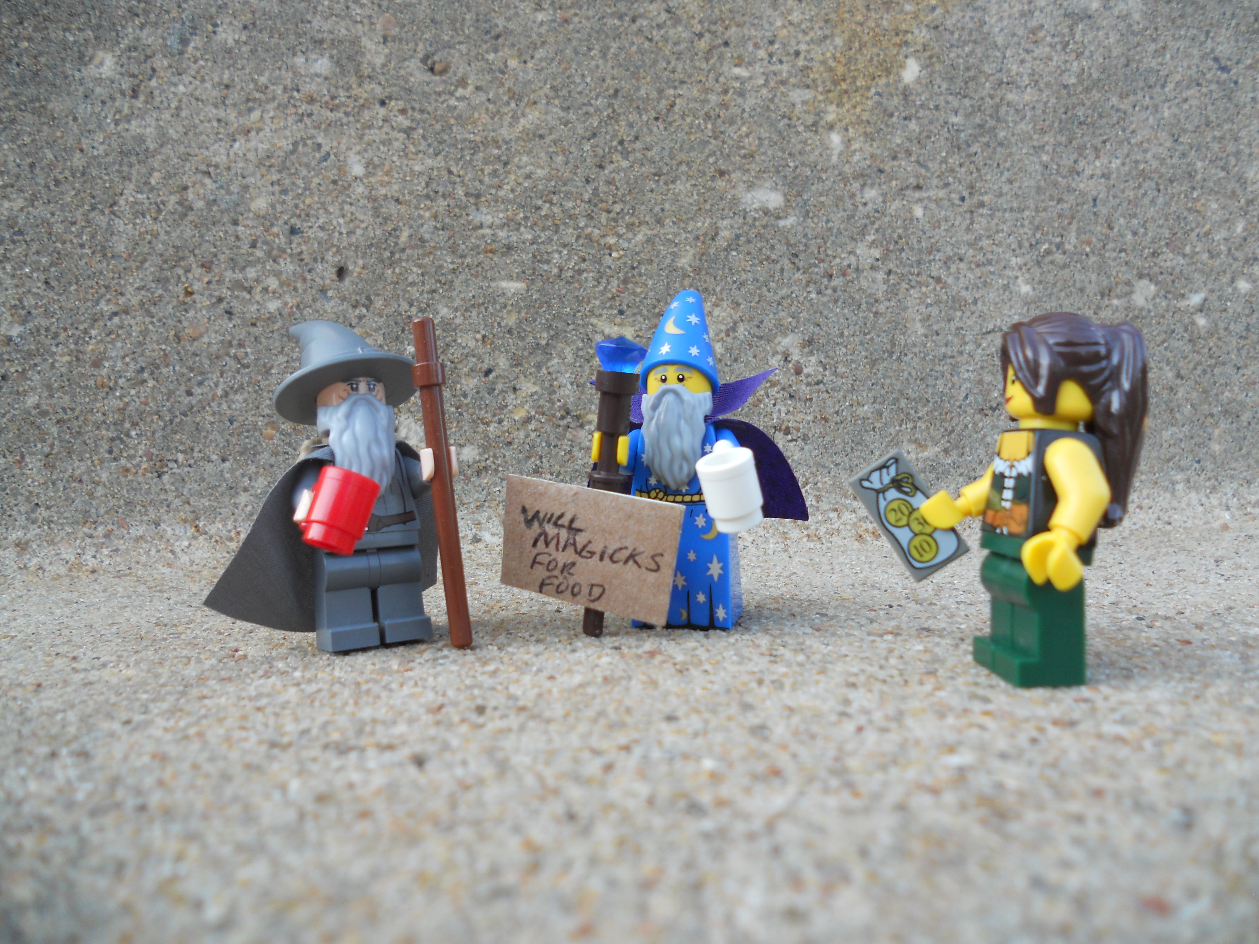 Minifig Wizards Panhandling on the street.