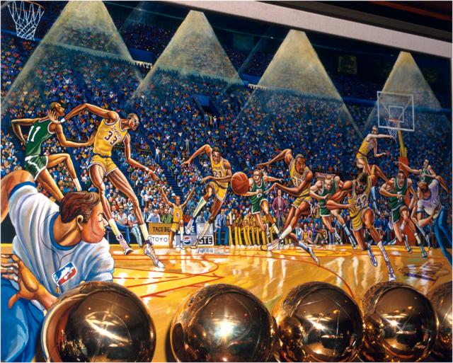 A picture of the Lakers NBA trophies and the painting hanging over them in Dr. Buss's office. The photographer worked with Dr. Buss years ago, and knows a lot of the staff of the Laker's team. You can check out more of his photos at www.checkoutmyimages.com