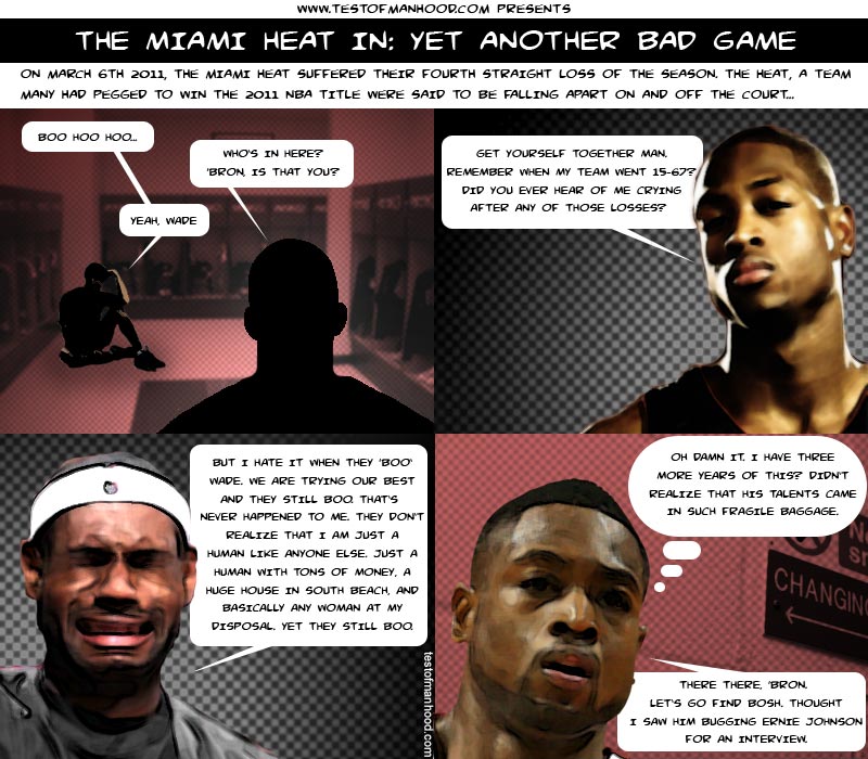 Comic strip reenacting the scene after the fourth straight Miami Heat loss on March 6th, 2011. Starring LeBron James and Dwyane Wade.
