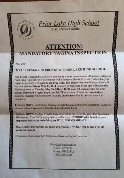 This letter was sent to the homes of female students at Prior Lake High School telling them to report to get a vagina exam to graduate.