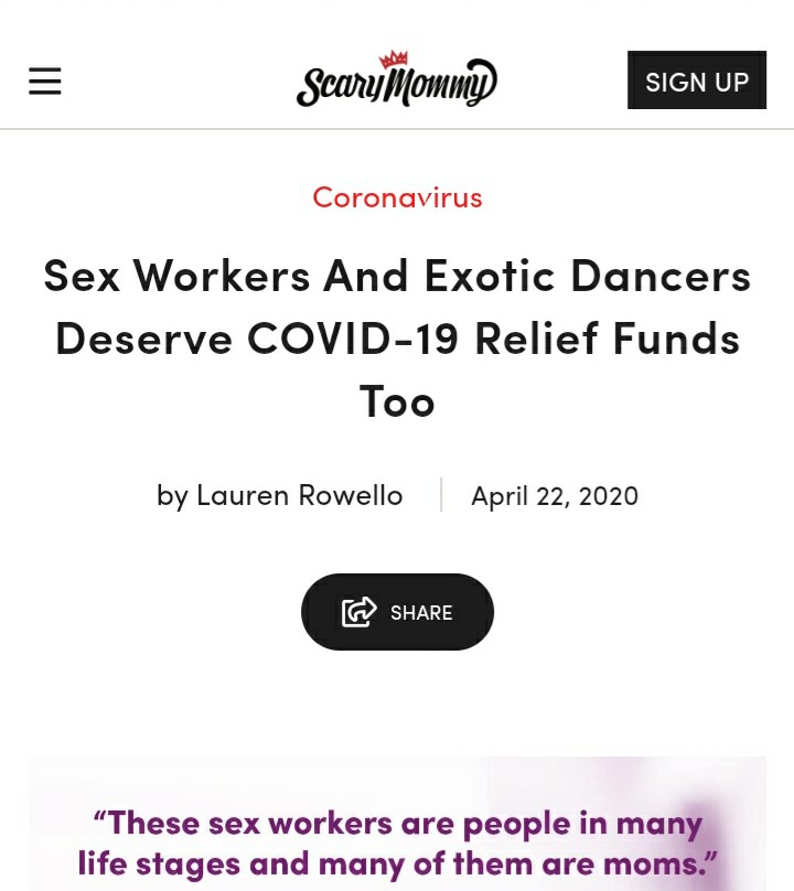 angle - Scary Momm Sign Up Sign Up Coronavirus Sex Workers And Exotic Dancers Deserve Covid19 Relief Funds Too by Lauren Rowello These sex workers are people in many life stages and many of them are moms."