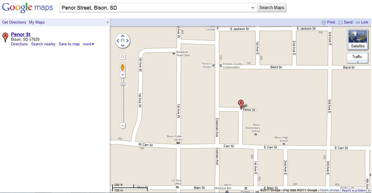 map - Google maps Penor Street, Bison, Sd Search Maps Get Directions My Maps Print Send ce Link Lounge 1 E Jackson St E Jackson St 3t Ave W 006 Penor St Bison, Sd 57620 Directions Search nearby Save to map more 3rd Ave E 1st Ave E 2nd Ave E Satellite Badl