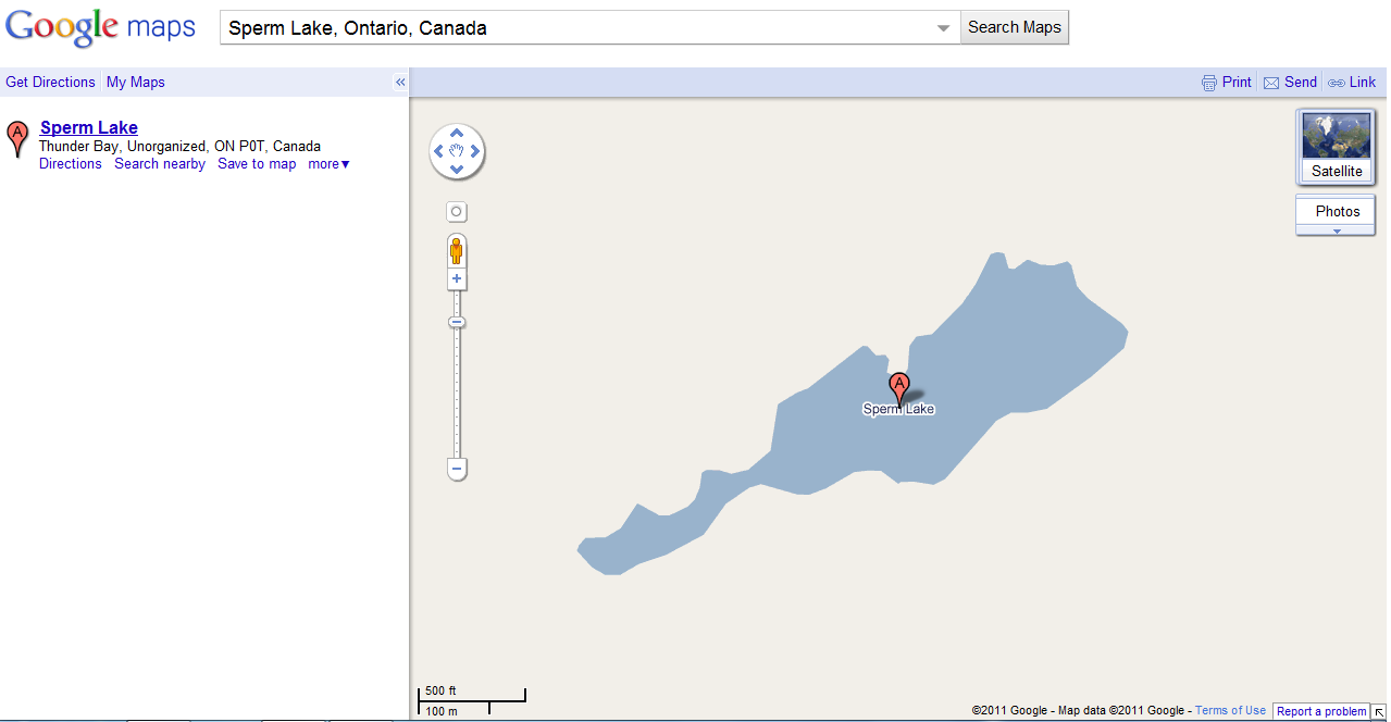 peta jalan kota bandung - Google maps Sperm Lake, Ontario, Canada Search Maps Get Directions My Maps Print Send Link Sperm Lake Thunder Bay, Unorganized, On Pot, Canada Directions Search nearby Save to map more Satellite Photos Spern Lake 500 ft 100 m 201