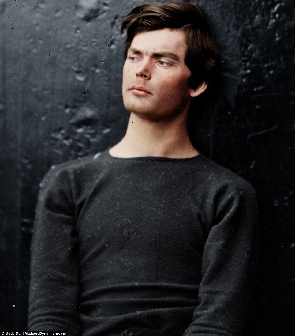 Colorized mugshot from 1865 of Lewis Powell, one of the men who conspired with John Wilkes Booth.