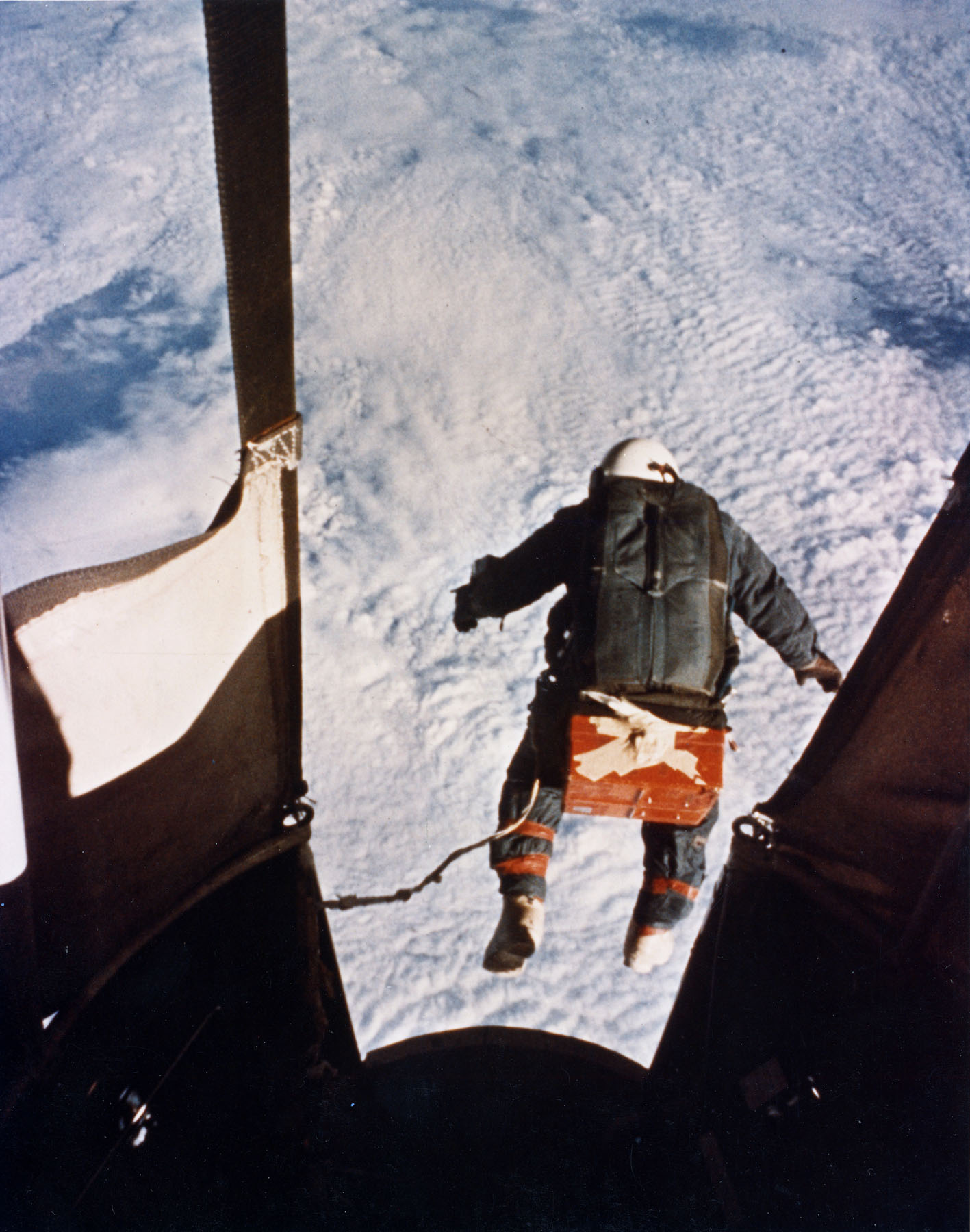 World Record Skydive on Aug. 16, 1960, Col. Joseph Kittinger stepped from a balloon-supported gondola at the altitude of 102,800 feet. He was in freefall for 4.5 minutes at speeds up to 614 mph and temperatures as low as -94 degrees Fahrenheit, he opened his parachute at 18,000 feet. The record still stands today. Picture from the U.S. Air Force.