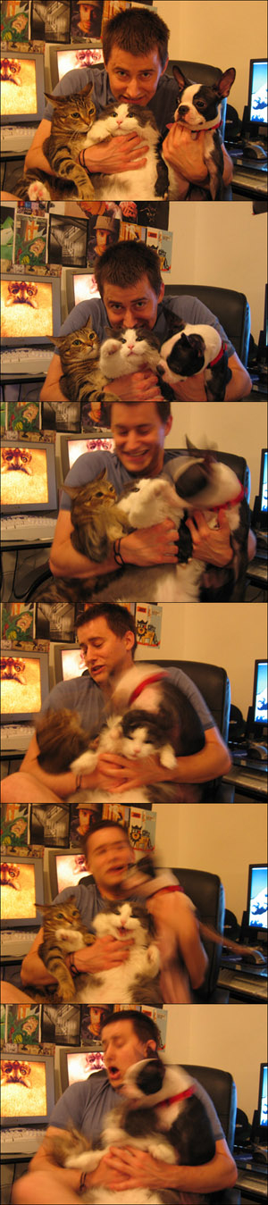 This guy was very exited to pose with his cats for Caturday. What could go wrong?