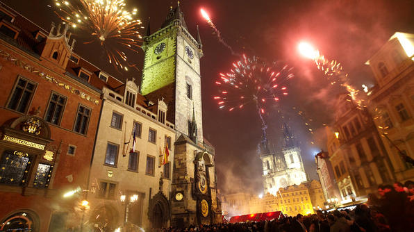 PragueLocal residents and foreign tourists celebrate New Year's Eve at the Old Town Square in Prague, Czech Republic.