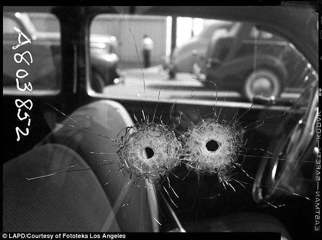 A car riddled with bullets is pictured from October 10, 1942.