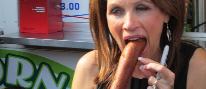 This image of Michele Bachman taking on a 12-inch corn dog got comedian Shann Carr "blocked from posting."