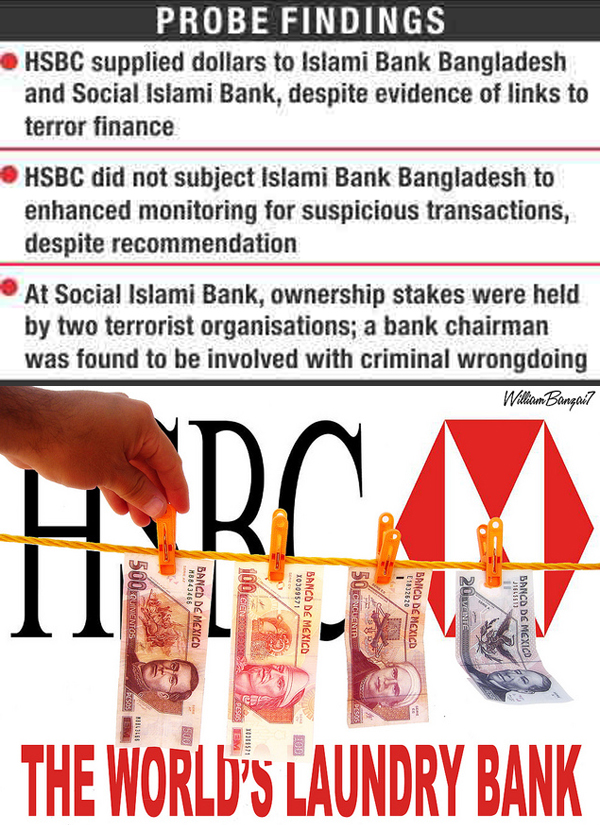 Dirty Money. Recently, HSBC were accused in a report by the senate of exposing the American economy to money from Saudi Arabian terrorists, rogue regimes in Cuba and Korea, and Mexican drug cartels.