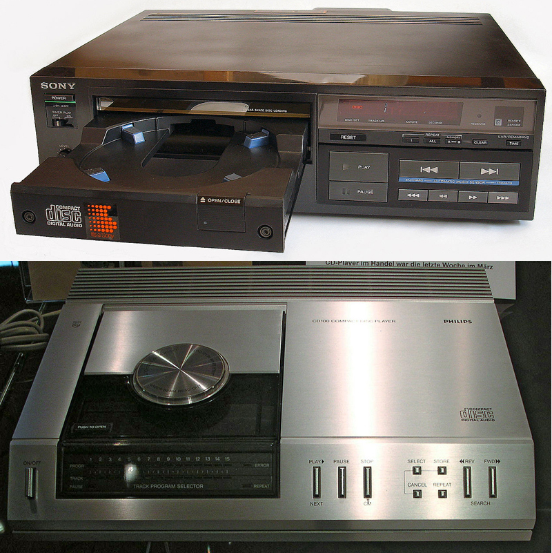 1982-1983, Compact Disc Player. Pictured top is the Sony CDP-101 from 1982, one of the earliest CD players affordable to consumers. Pictured bottom is the top loading Philips CD100 from 1983.