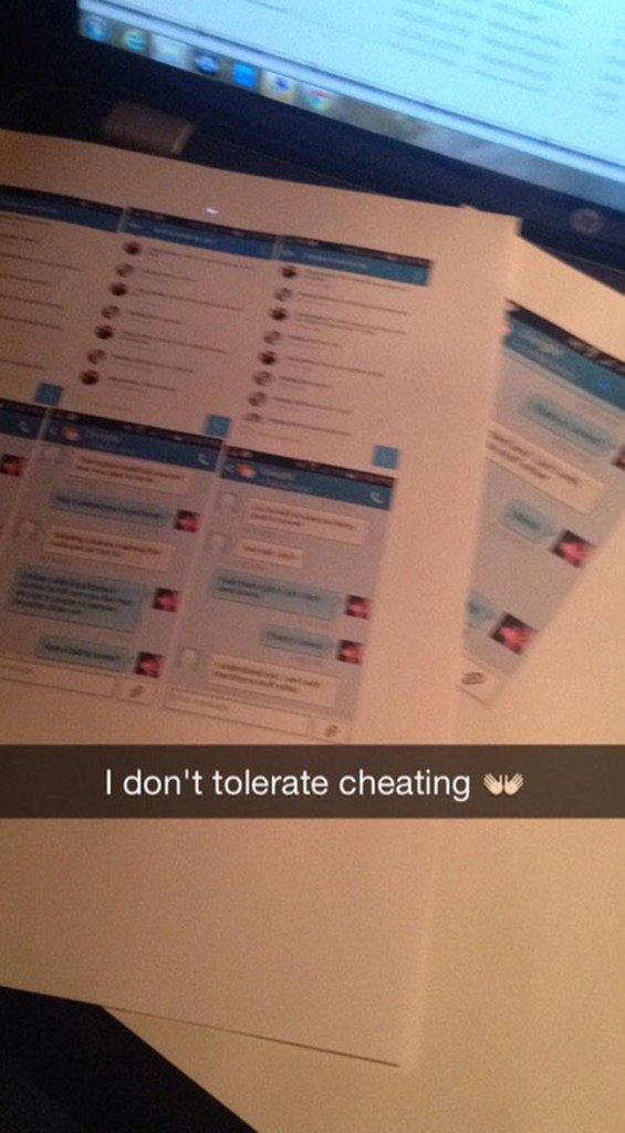 She discovered salacious direct messages her man had sent to another woman on Twitter and printed them out.