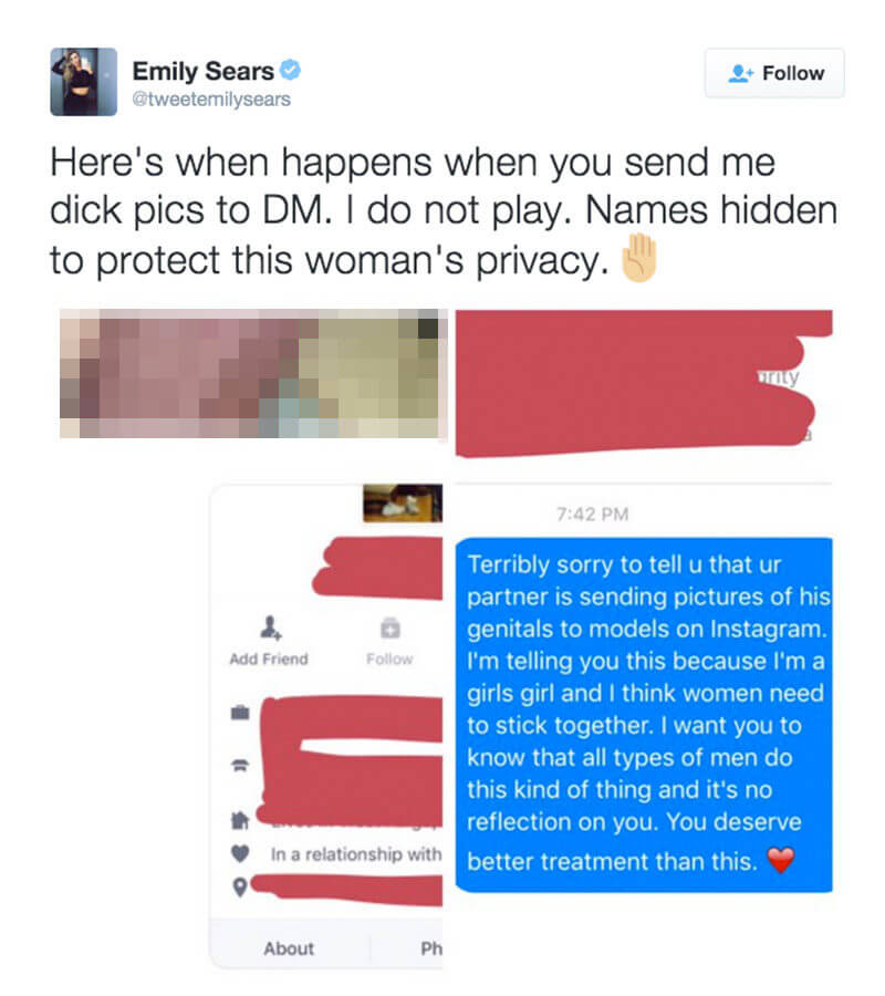 So, she started sending the girlfriends screenshots of the dick pics and the lewd messages accompanying them.