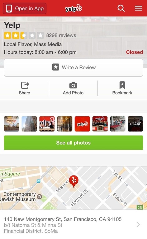 web page - Open in App yelpole Q E Yelp 8298 reviews Local Flavor, Mass Media Hours today Closed Write a Review Add Photo Bookmark yelpos 1440 See all photos n Square 1st St Mission Contemporary Jewish Museum Essex st Howard St 26 140 New Montgomery St, S